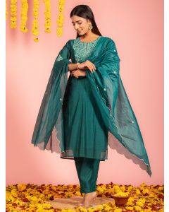 Teal Green Embroidered Chanderi Suit-Set of 3