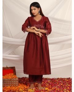 Wine Embroidered Chanderi Kurta with Pants-Set of 2