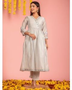 Grey Embroidered Chanderi Kurta with Pants-Set of 2