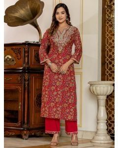 Red Printed Cotton Zari Embroidered Kurta with Pants- Set of 2