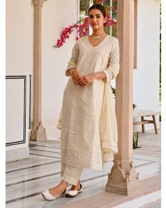 Cream Embroidered Cotton Suit-Set of 3