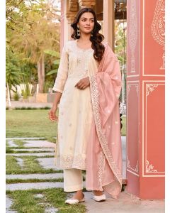 Cream Thread Embroidered Chanderi Suit- Set of 3