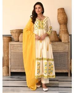Cream Yellow Hand Block Printed Cotton Suit - Set of 3