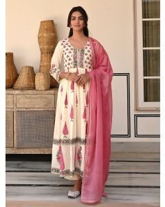 Cream Pink Hand Block Printed Cotton Suit - Set of 3
