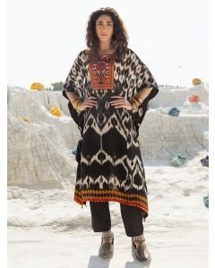 Black Ikat Printed Muslin Embroidered Kaftan with Pants - Set of 2