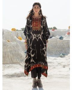 Black Ikat Printed Muslin Embroidered Kaftan with Pants - Set of 2