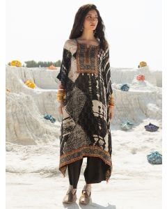 Black Cream Ikat Printed Muslin Embroidered Kaftan with Pants - Set of 2