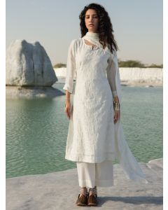 White Embroidered Chanderi Mul Suit - Set of 3