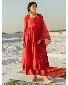 Red Sequins Embroidered Cotton Mul Suit - Set of 3