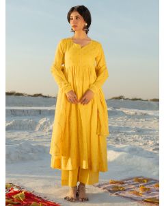 Yellow Sequins Embroidered Cotton Mul Suit - Set of 3