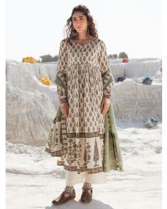 Cream Olive Green Hand Block Printed Cotton Suit - Set of 3