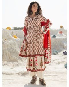 Cream Red Hand Block Printed Cotton Suit - Set of 3
