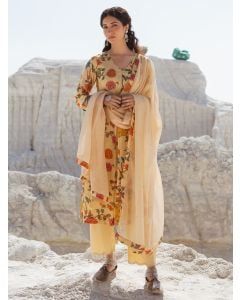 Cream Printed Linen Suit - Set of 3