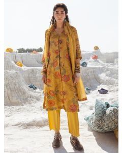 Mustard Yellow Printed Linen Suit - Set of 3