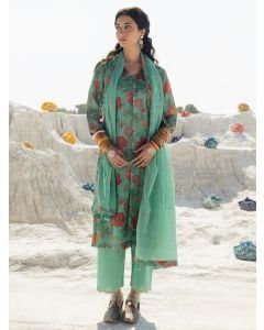 Turquoise Printed Linen Suit - Set of 3