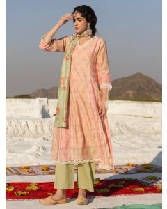 Light Pink Printed Chanderi Suit - Set of 3