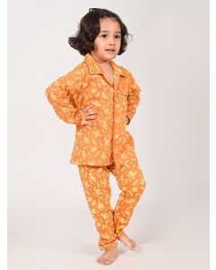 Orange Hand Block Printed Cotton Mulmul Unisex Nightsuit - Set of 2