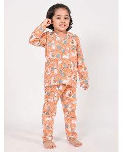 Orange Hand Block Printed Cotton Mulmul Unisex Nightsuit - Set of 2