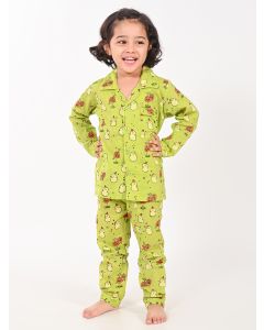 Green Hand Block Printed Cotton Mulmul Unisex Nightsuit - Set of 2