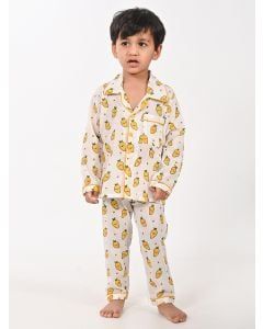 White Hand Block Printed Cotton Mulmul Unisex Nightsuit - Set of 2