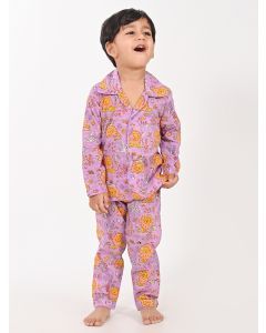 Lavender Hand Block Printed Cotton Mulmul Unisex Nightsuit - Set of 2