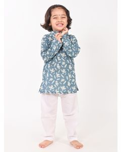 Blue Hand Block Printed Cotton Mulmul Unisex Kurta