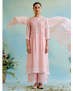 Peach Lace Modal Silk Kurta with Pants- Set of 2