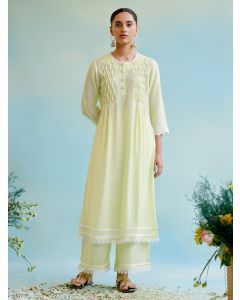 Lime Yellow Lace Work Modal Silk Kurta with Pants- Set of 2