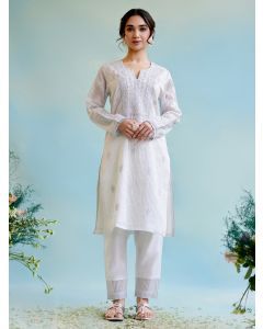 White Striped Crushed Tissue Hand Embroidered Kurta with Pants- Set of 2