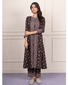 Brown Hand Block Printed Cotton Kurta with Pants- Set of 2