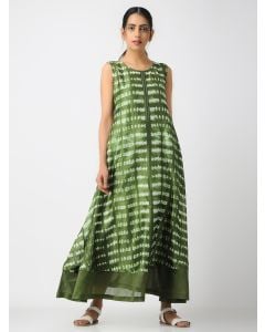 Olive Green Shibori Dyed Cotton Silk Dress with Slip