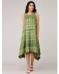 Olive Green Shibori Dyed Cotton Silk Dress with Slip