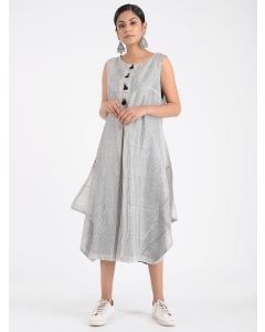 Black White Hand Block Printed Cotton Silk Dress with Slip