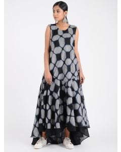 Black White Hand Block Printed Cotton Silk Dress