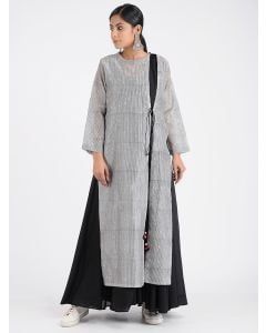 Black White Hand Block Printed Cotton Silk Dress with Slip