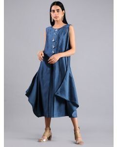 Indigo Mirror Work Chanderi Dress with Slip