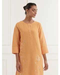 Yellow Pittan Embroidered Linen Kurta with Pants- Set of 2