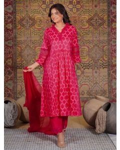 Pink Jacquard Silk Suit- Set of 3