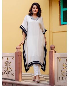 White Embroidered Georgette Kaftan with Pants- Set of 2