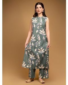 Green Printed Cotton Kurta with Pants- Set of 2