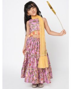 Purple Printed Muslin Lehenga Set- Set of 3