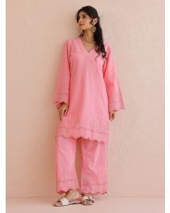 Pink Embroidered Cotton Kurta with Pants - Set of 2