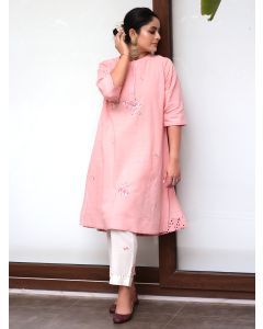 Pink Sequins Embroidered Cotton Kurta with Pants - Set of 2