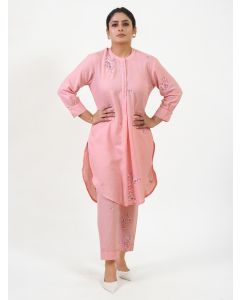Pink Sequins Embroidered Cotton Kurta with Pants - Set of 2