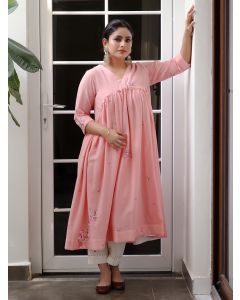 Pink Sequins Embroidered Cotton Kurta with Pants - Set of 2