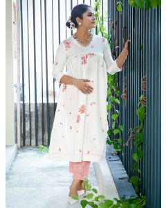 White Sequins Embroidered Cotton Kurta with Pants - Set of 2