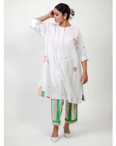White Sequins Embroidered Cotton Kurta with Pants - Set of 2