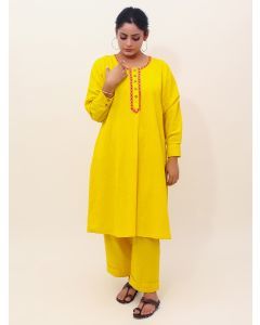 Yellow Embroidered Cotton Kurta with Pants - Set of 2