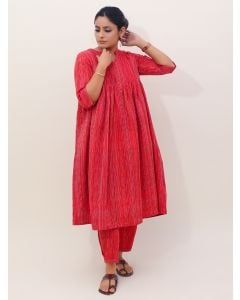Red Striped Cotton Pleated Kurta with Pants - Set of 2