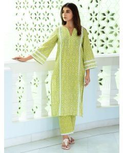 Lime Green Hand Block Printed Cotton Kurta with Pants- Set of 2